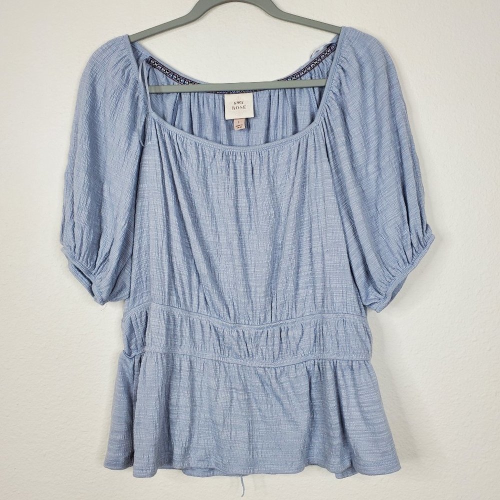 Knox Rose peasant top square neck puffed sleeves smocked waist baby blue women L